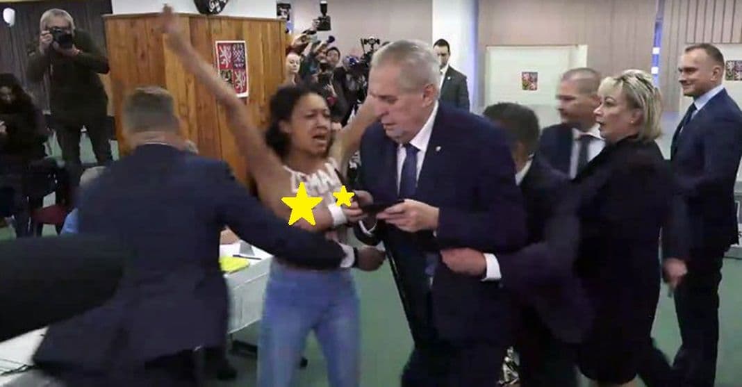 Félmeztelen nő ugrott neki Zemannak, miközben épp szavazott volna (VIDEÓ)